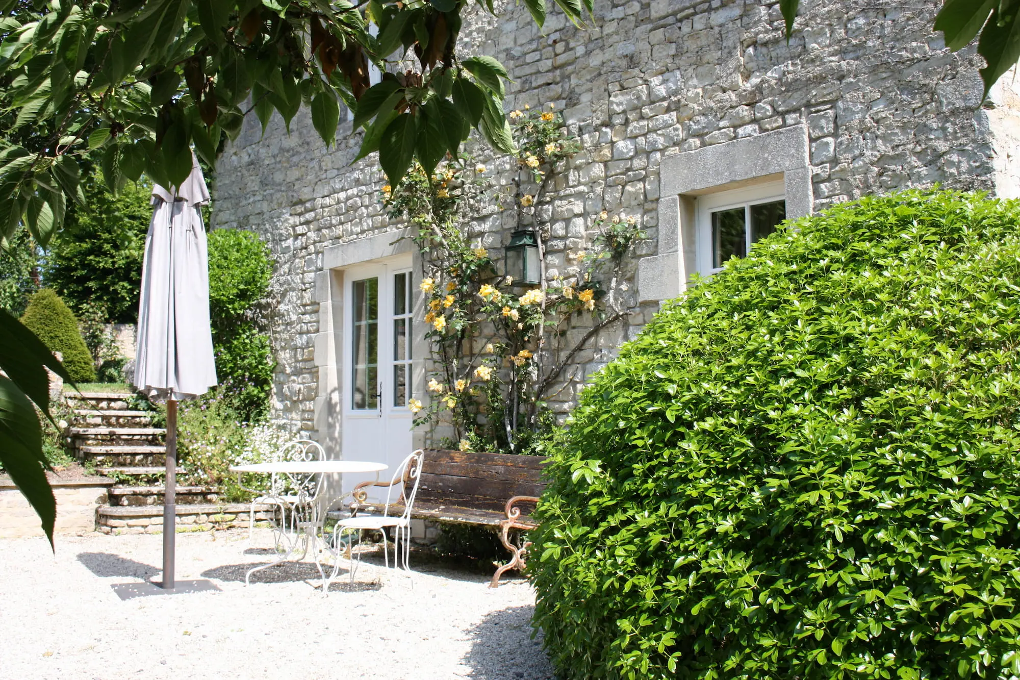 Terrasse en pierre, rosiers grimpants